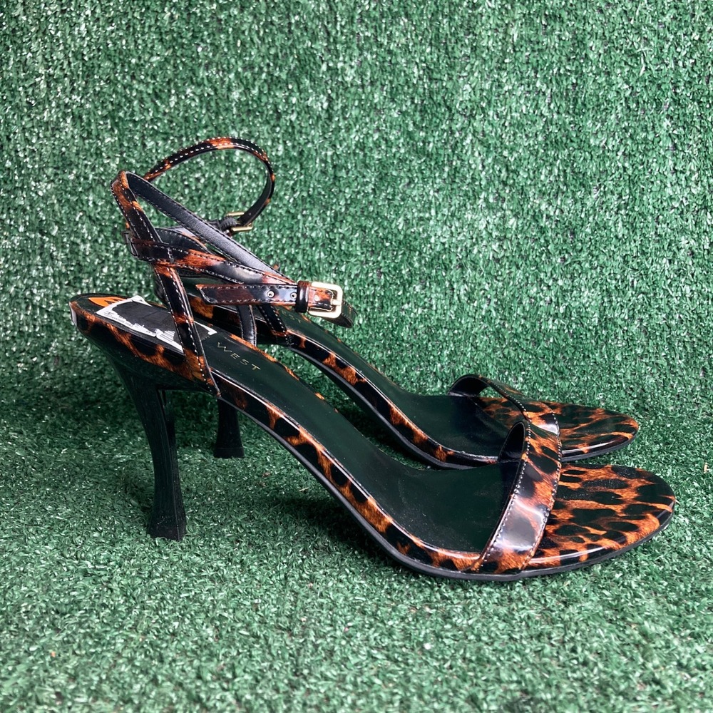 NEW Nine West Rewind Ankle Strap Animal Leopard Print Sandal Heel Brown Women 11